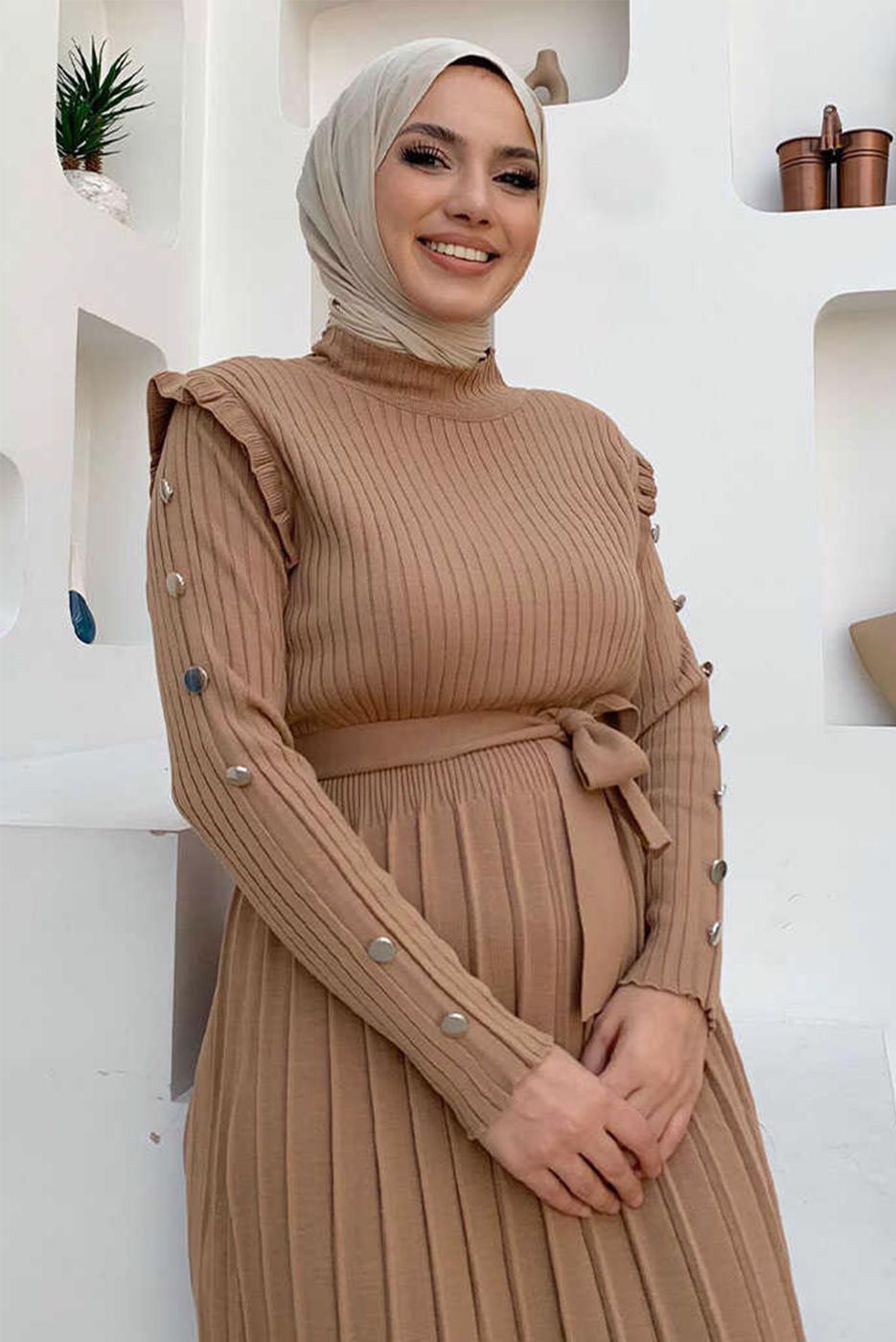 Tesettür giyim TABA PİLELİ FIRFIRLI TRİKO ELBİSE T 40222