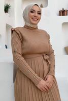 Tesettür giyim TABA PİLELİ FIRFIRLI TRİKO ELBİSE T 40222