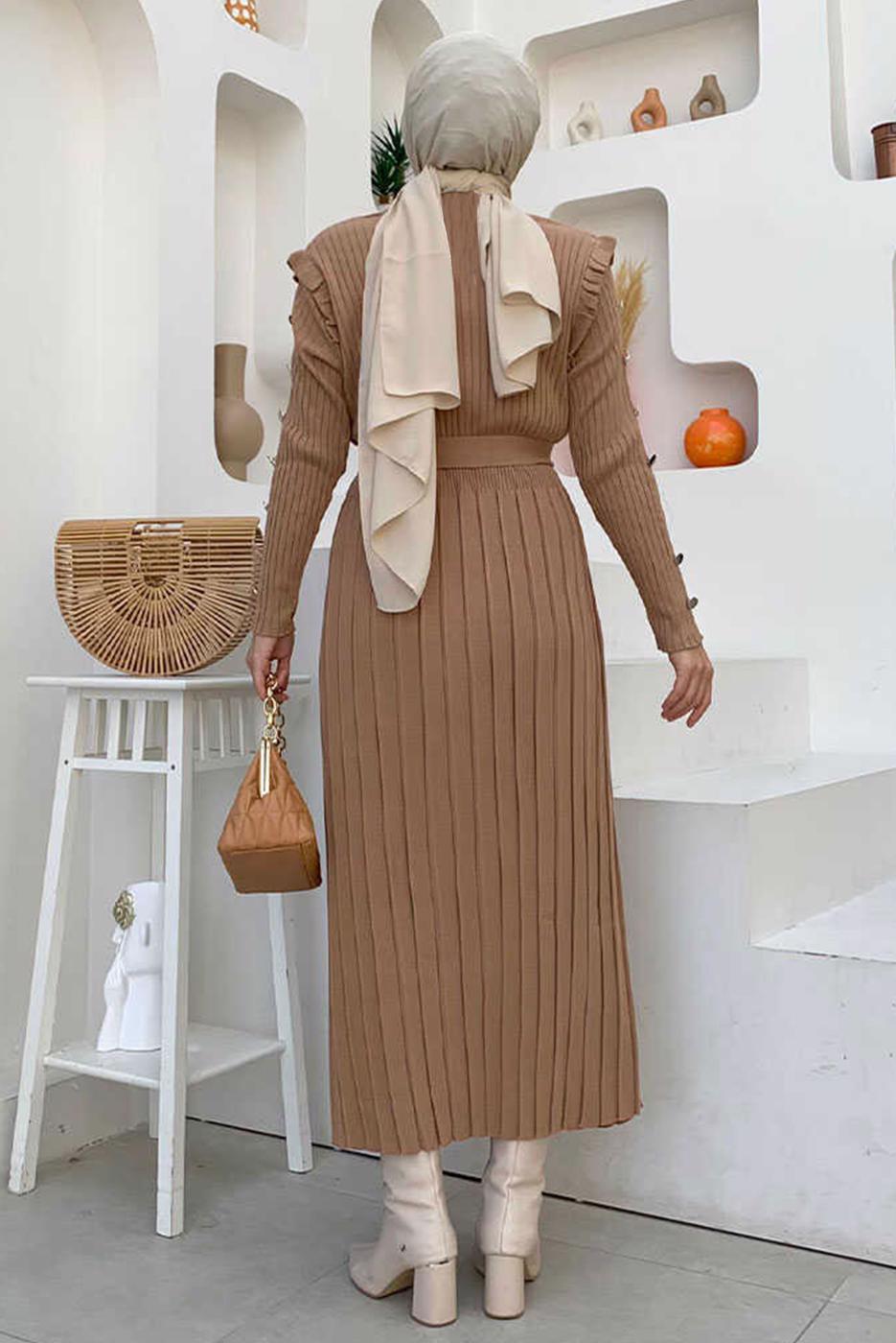 Tesettür giyim TABA PİLELİ FIRFIRLI TRİKO ELBİSE T 40222