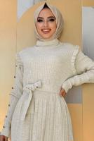 Tesettür giyim BEJ PİLELİ FIRFIRLI TRİKO ELBİSE T 40222