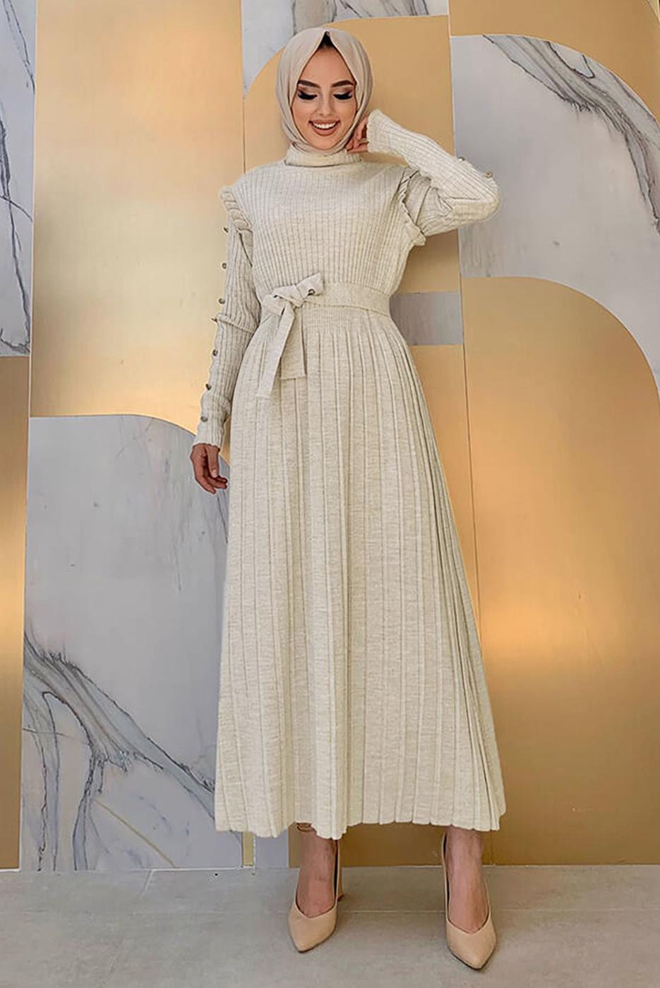 Tesettür giyim BEJ PİLELİ FIRFIRLI TRİKO ELBİSE T 40222