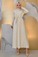 Tesettür giyim BEJ PİLELİ FIRFIRLI TRİKO ELBİSE T 40222