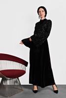 Tesettür giyim SİYAH ALVİNA PULLU TROMPET KOL ELBİSE 40291	