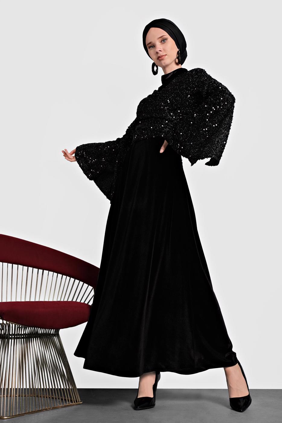 Tesettür giyim SİYAH ALVİNA PULLU TROMPET KOL ELBİSE 40291	