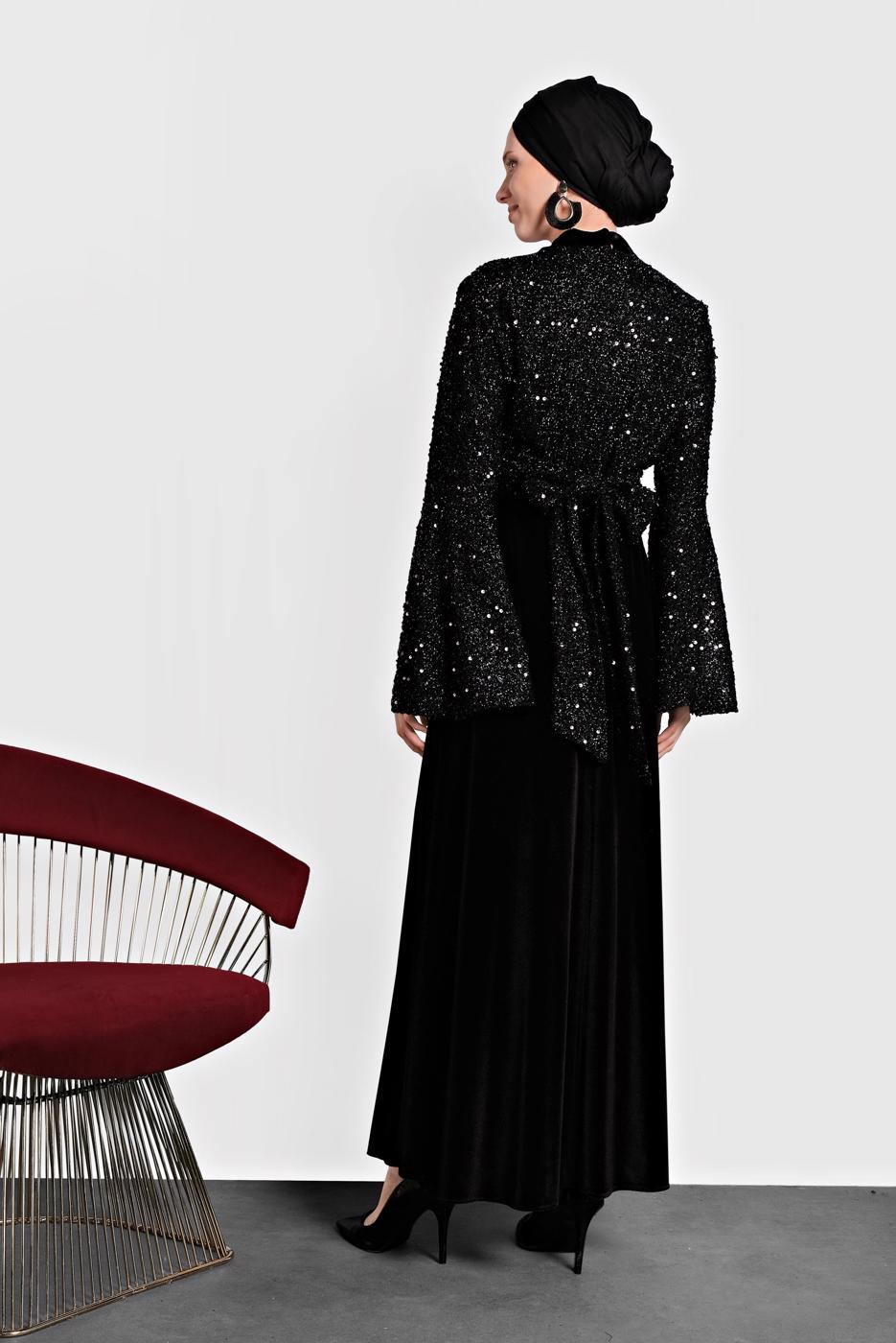 Tesettür giyim SİYAH ALVİNA PULLU TROMPET KOL ELBİSE 40291	