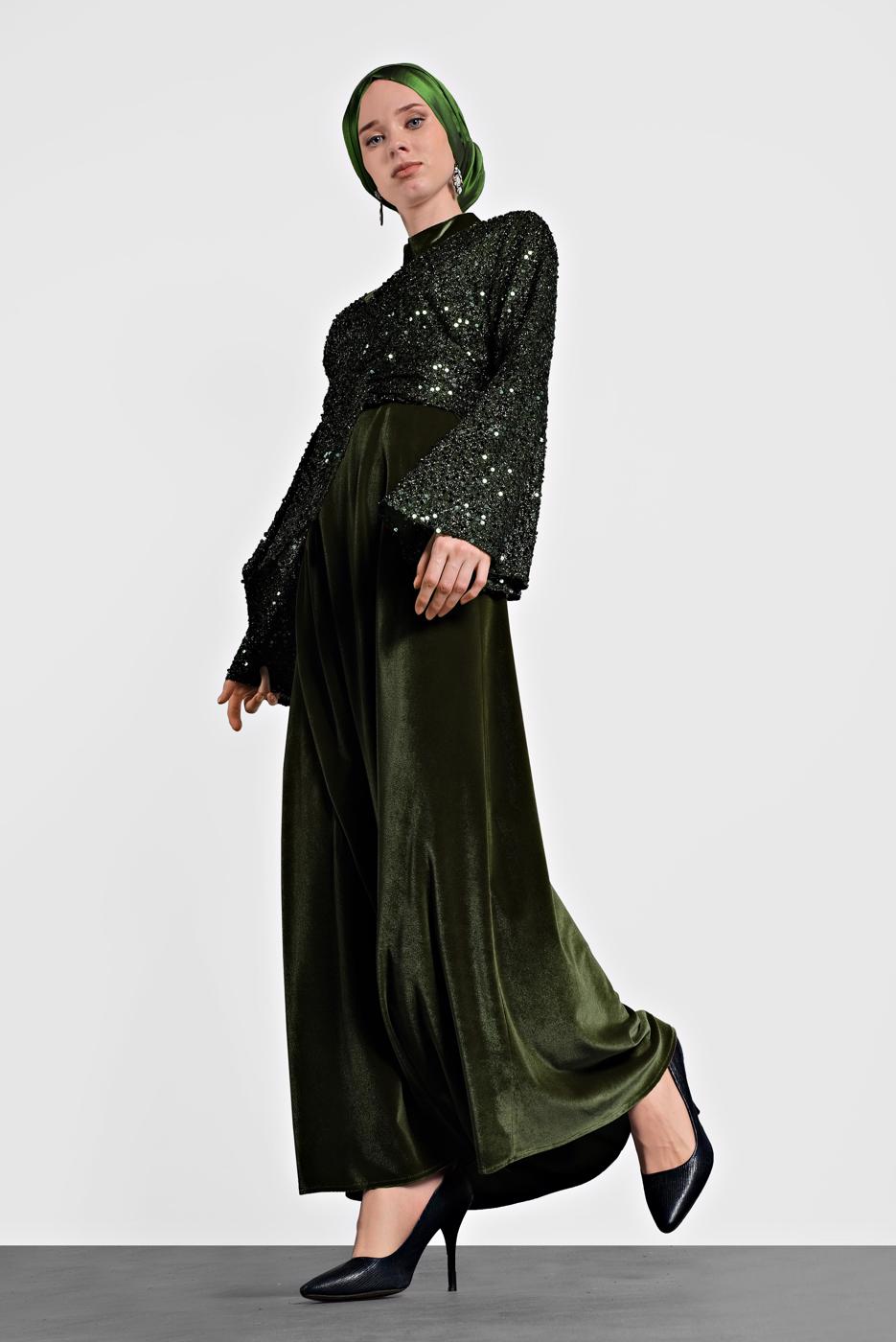 Tesettür giyim HAKİ ALVİNA PULLU TROMPET KOL ELBİSE 40291	