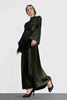 Tesettür giyim HAKİ ALVİNA PULLU TROMPET KOL ELBİSE 40291	