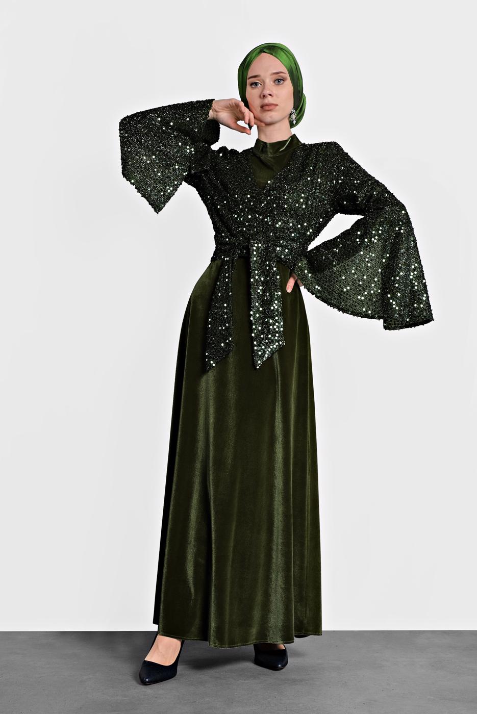 Tesettür giyim HAKİ ALVİNA PULLU TROMPET KOL ELBİSE 40291	