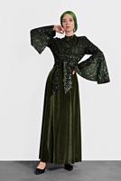 Tesettür giyim HAKİ ALVİNA PULLU TROMPET KOL ELBİSE 40291	