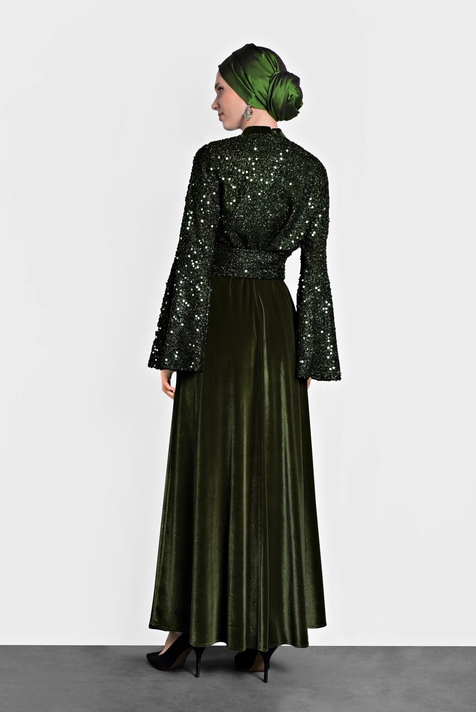 Tesettür giyim HAKİ ALVİNA PULLU TROMPET KOL ELBİSE 40291	