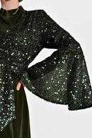 Tesettür giyim HAKİ ALVİNA PULLU TROMPET KOL ELBİSE 40291	