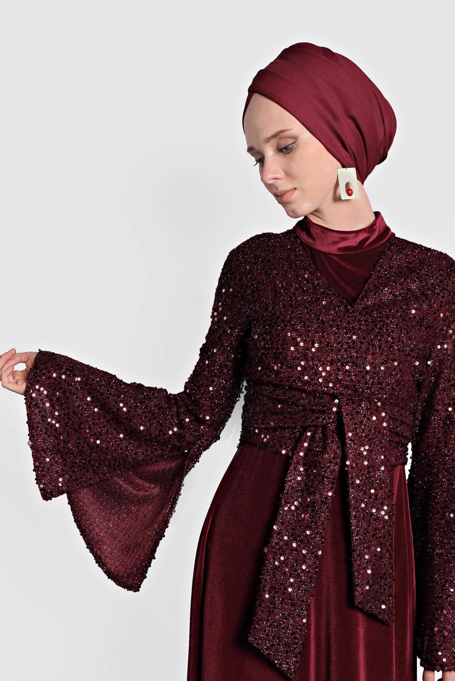 Tesettür giyim BORDO ALVİNA PULLU TROMPET KOL ELBİSE 40291	