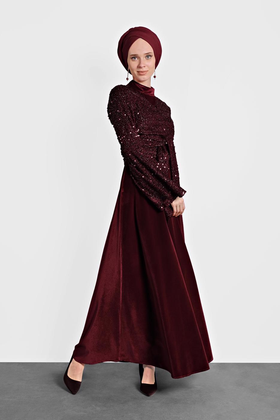 Tesettür giyim BORDO ALVİNA PULLU TROMPET KOL ELBİSE 40291	