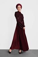 Tesettür giyim BORDO ALVİNA PULLU TROMPET KOL ELBİSE 40291	