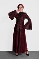 Tesettür giyim BORDO ALVİNA PULLU TROMPET KOL ELBİSE 40291	