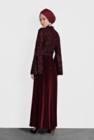 Tesettür giyim BORDO ALVİNA PULLU TROMPET KOL ELBİSE 40291	