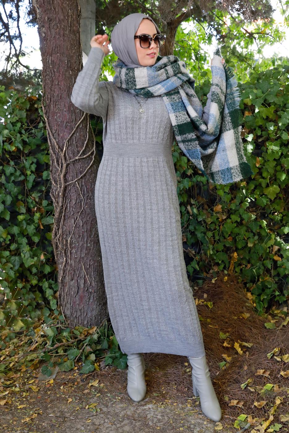 Tesettür giyim GRİ SAÇ ÖRGÜ DESENLİ ELBİSE 41102 