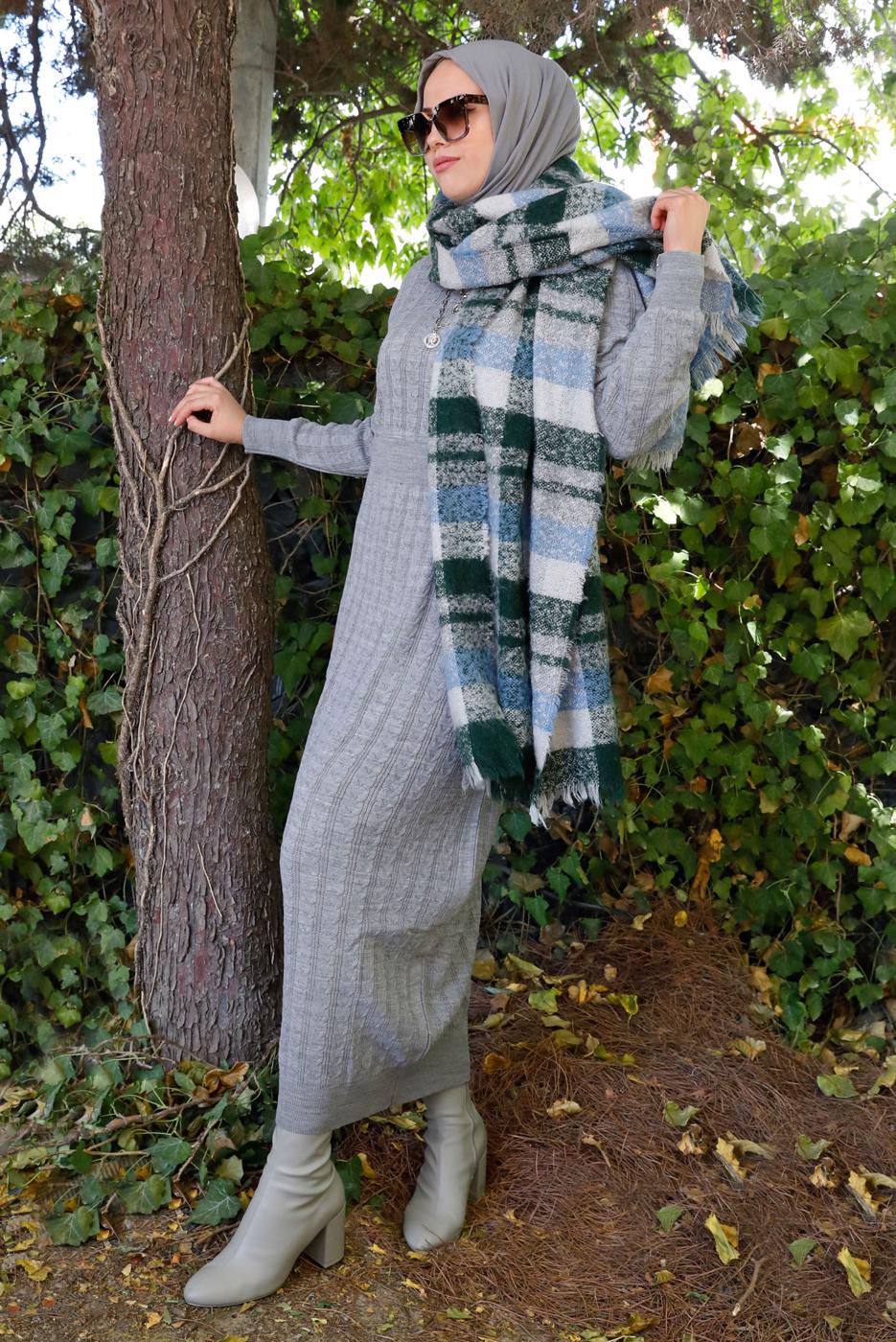 Tesettür giyim GRİ SAÇ ÖRGÜ DESENLİ ELBİSE 41102 