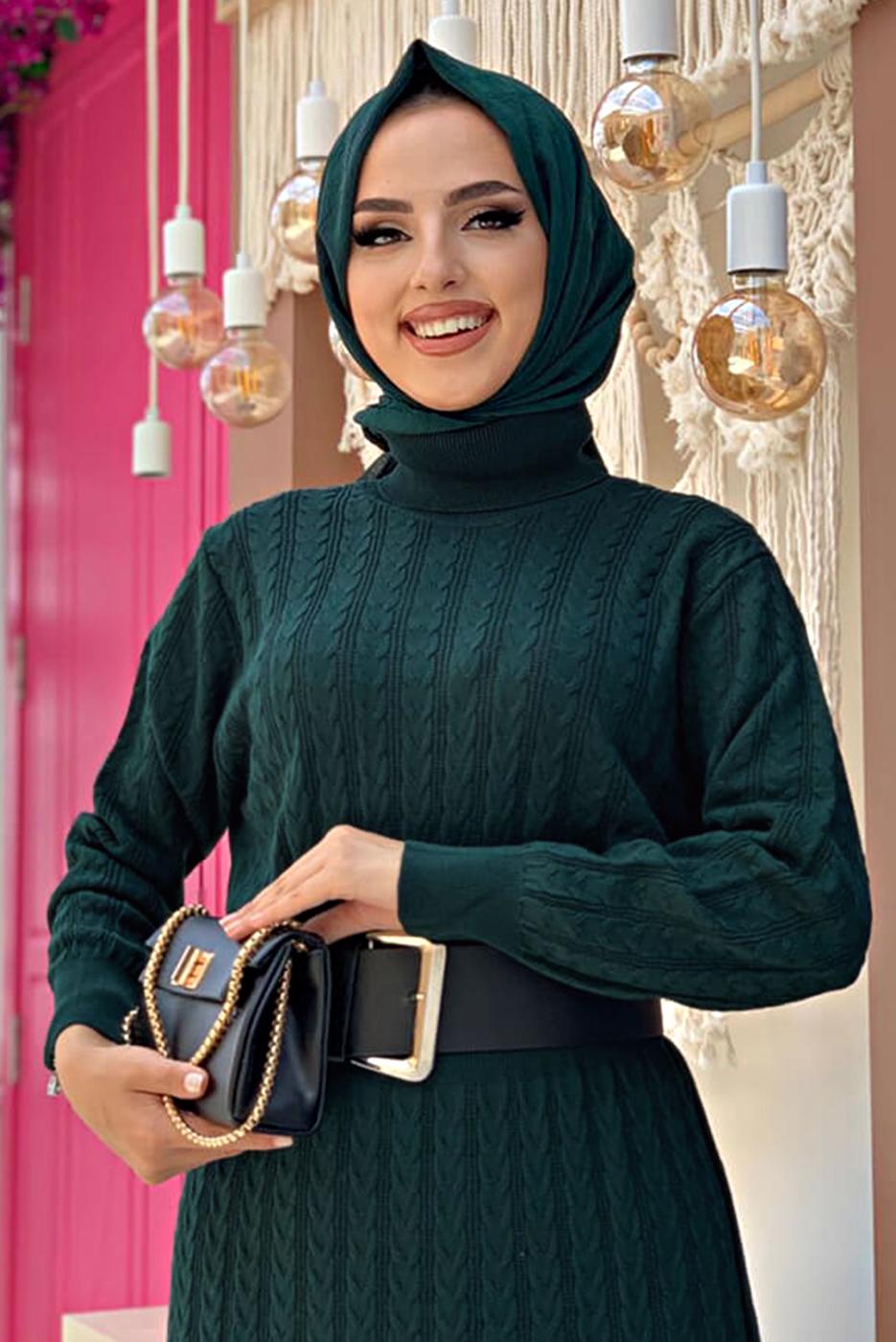 Tesettür giyim YEŞİL SAÇ ÖRGÜ DESENLİ ELBİSE 41102 
