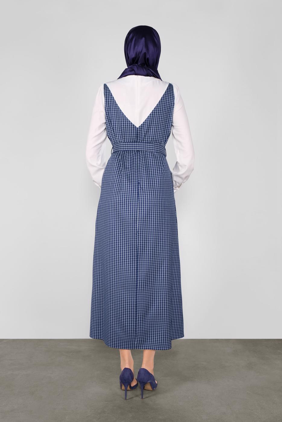 Tesettür giyim LACİVERT ALVİNA EKOSE DESENLİ ELBİSE 41142	