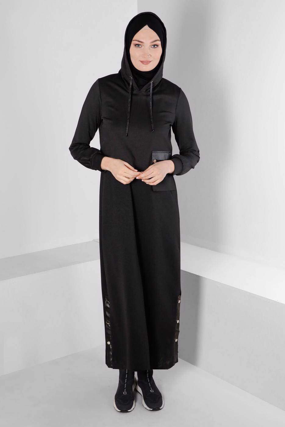 Tesettür giyim SİYAH ALVİNA KAPÜŞONLU ELBİSELİ TAKIM T 43320