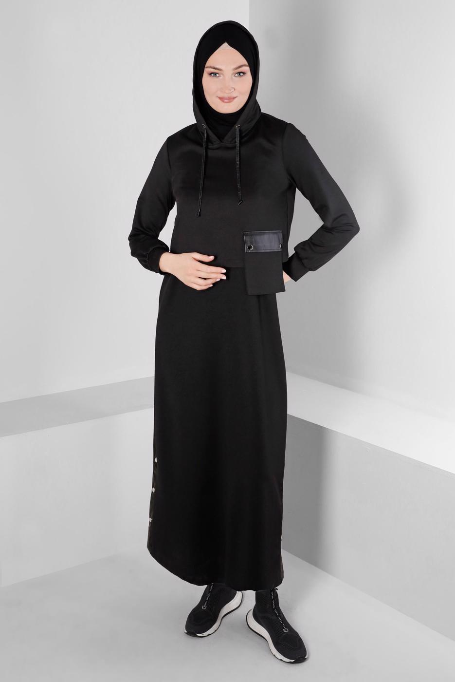 Tesettür giyim SİYAH ALVİNA KAPÜŞONLU ELBİSELİ TAKIM T 43320