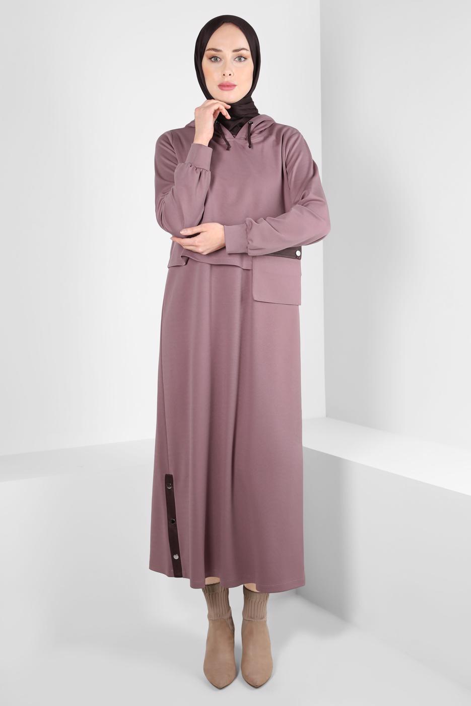 Tesettür giyim PEMBE ALVİNA KAPÜŞONLU ELBİSELİ TAKIM T 43320