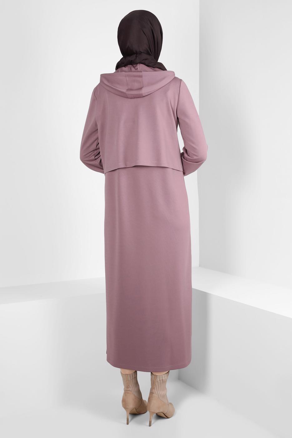 Tesettür giyim PEMBE ALVİNA KAPÜŞONLU ELBİSELİ TAKIM T 43320