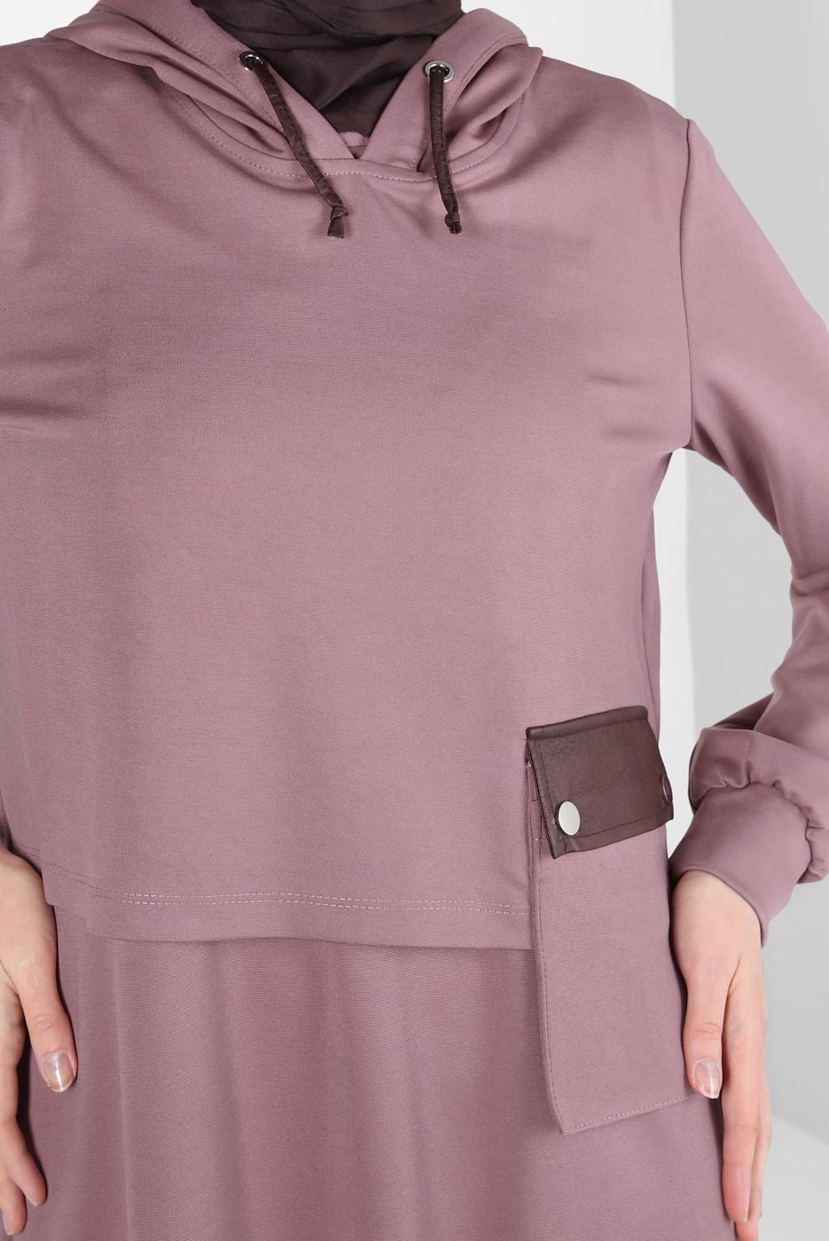 Tesettür giyim PEMBE ALVİNA KAPÜŞONLU ELBİSELİ TAKIM T 43320