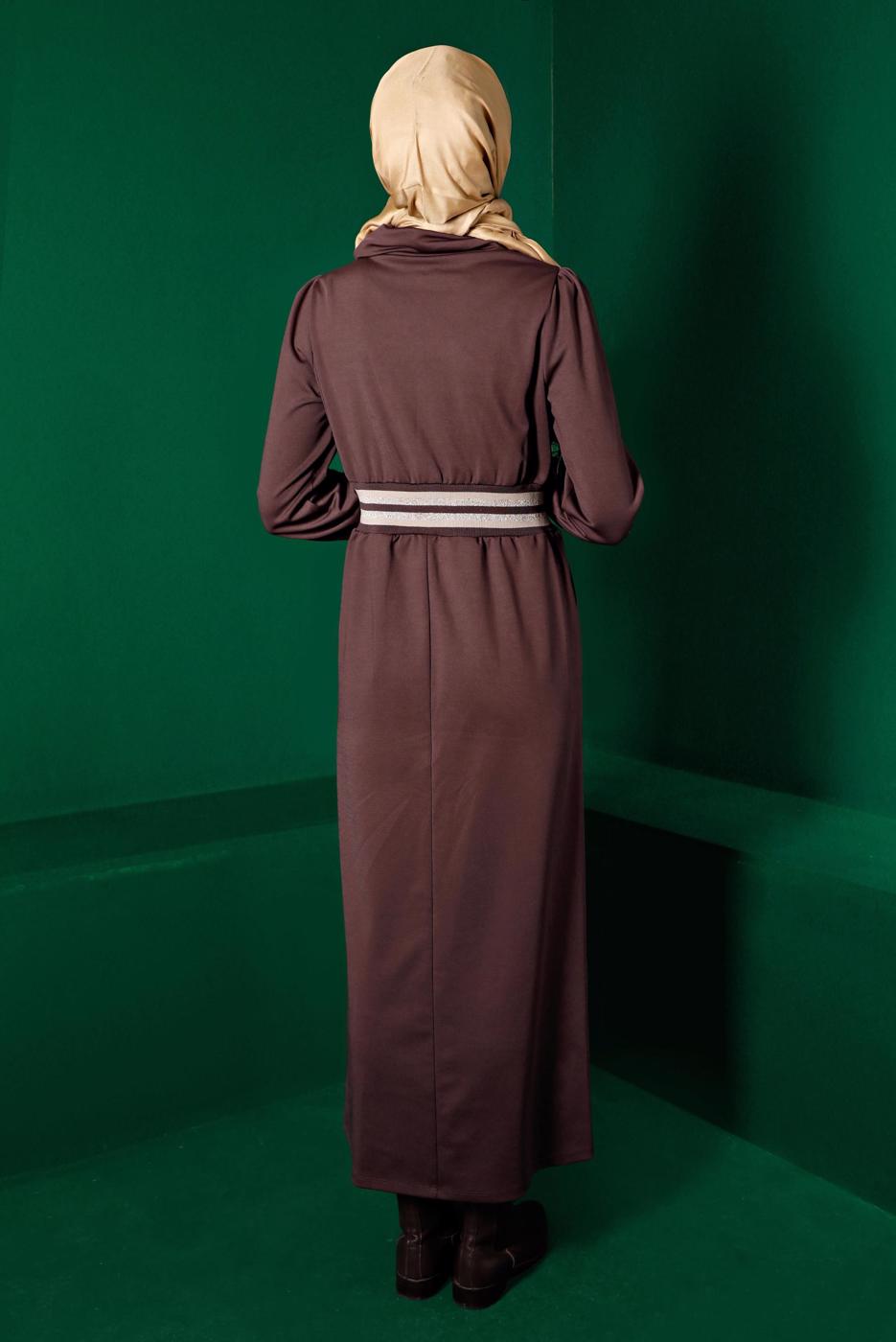 Tesettür giyim KAHVE ALVİNA BELİ LASTİKLİ ELBİSE T 43327