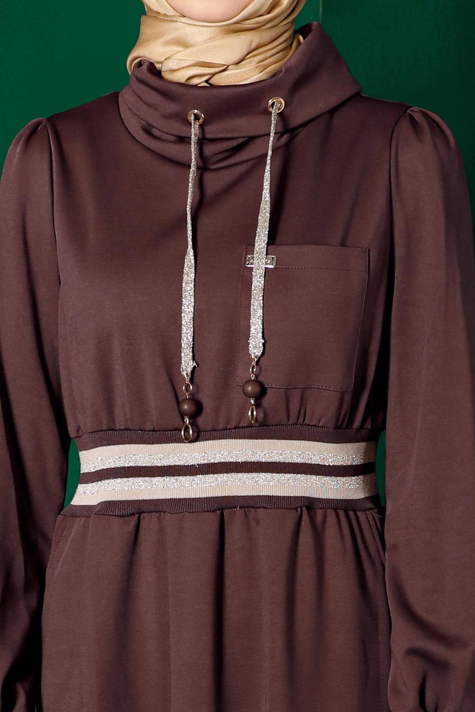 Tesettür giyim KAHVE ALVİNA BELİ LASTİKLİ ELBİSE T 43327