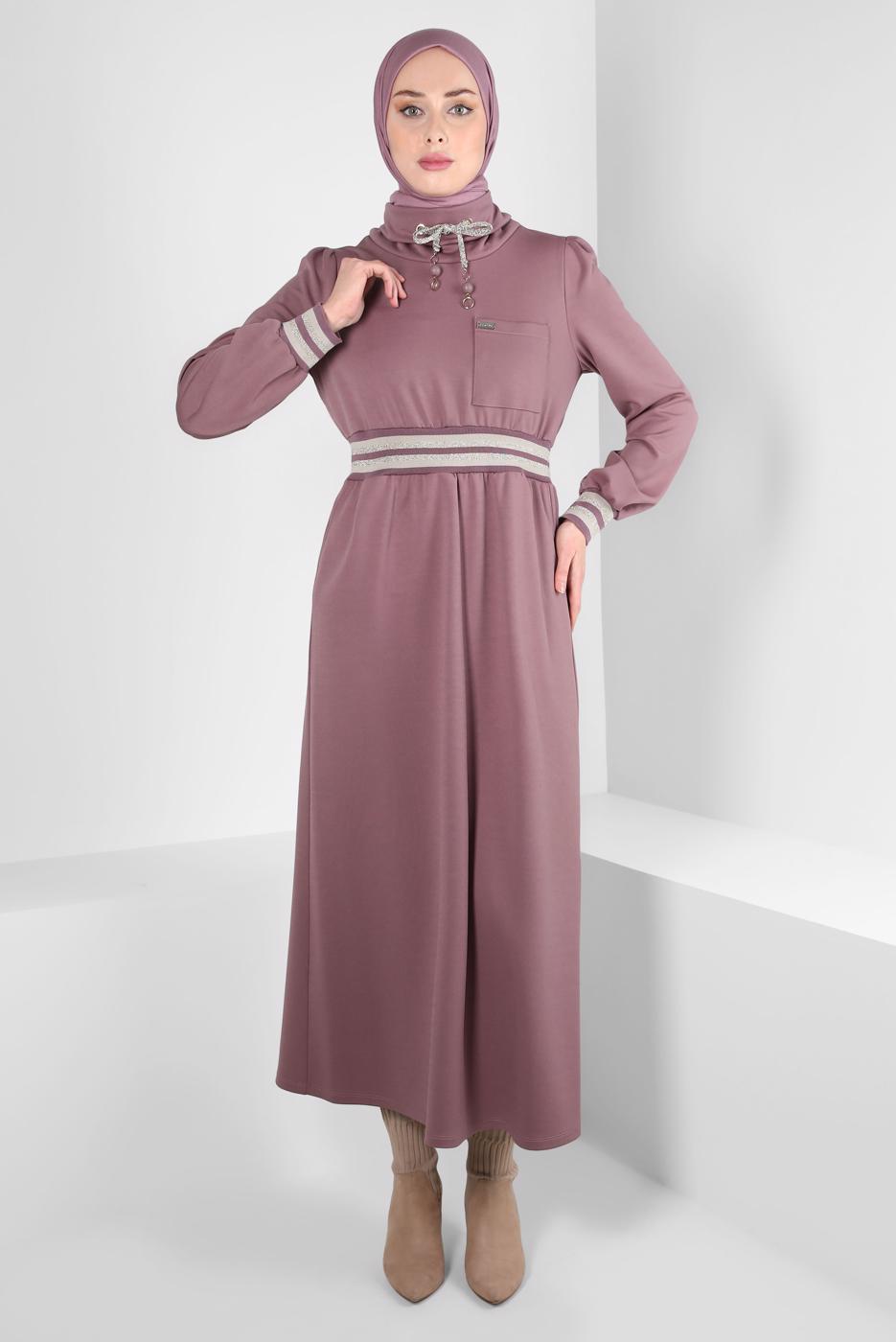 Tesettür giyim PEMBE ALVİNA BELİ LASTİKLİ ELBİSE T 43327