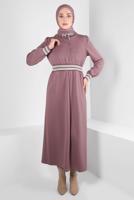 Tesettür giyim PEMBE ALVİNA BELİ LASTİKLİ ELBİSE T 43327