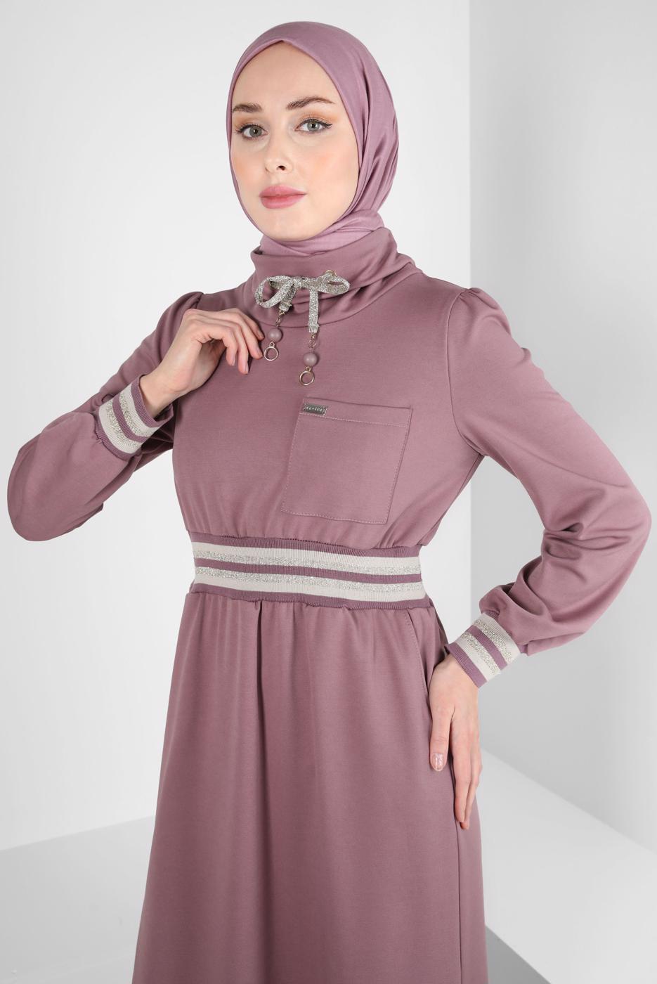 Tesettür giyim PEMBE ALVİNA BELİ LASTİKLİ ELBİSE T 43327