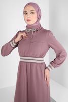 Tesettür giyim PEMBE ALVİNA BELİ LASTİKLİ ELBİSE T 43327