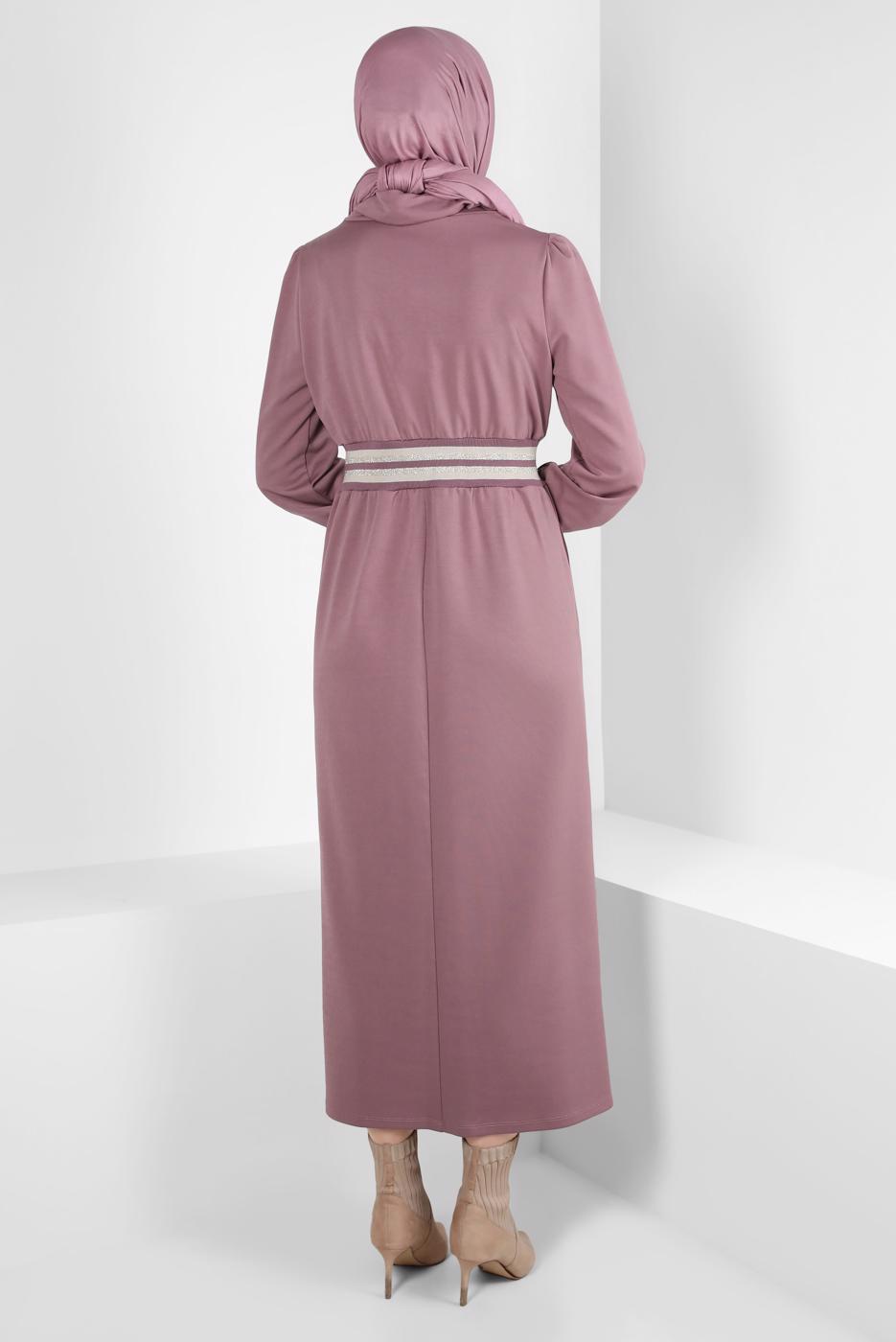 Tesettür giyim PEMBE ALVİNA BELİ LASTİKLİ ELBİSE T 43327
