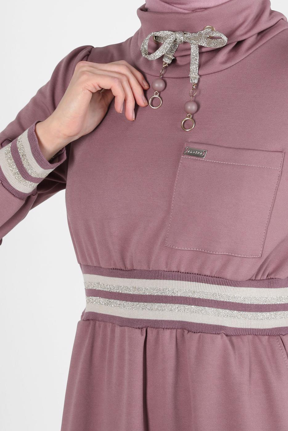 Tesettür giyim PEMBE ALVİNA BELİ LASTİKLİ ELBİSE T 43327