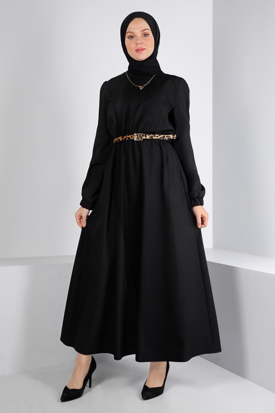 Tesettür giyim SİYAH ALVİNA KEMERLİ ELBİSE T 43400