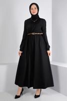 Tesettür giyim SİYAH ALVİNA KEMERLİ ELBİSE T 43400
