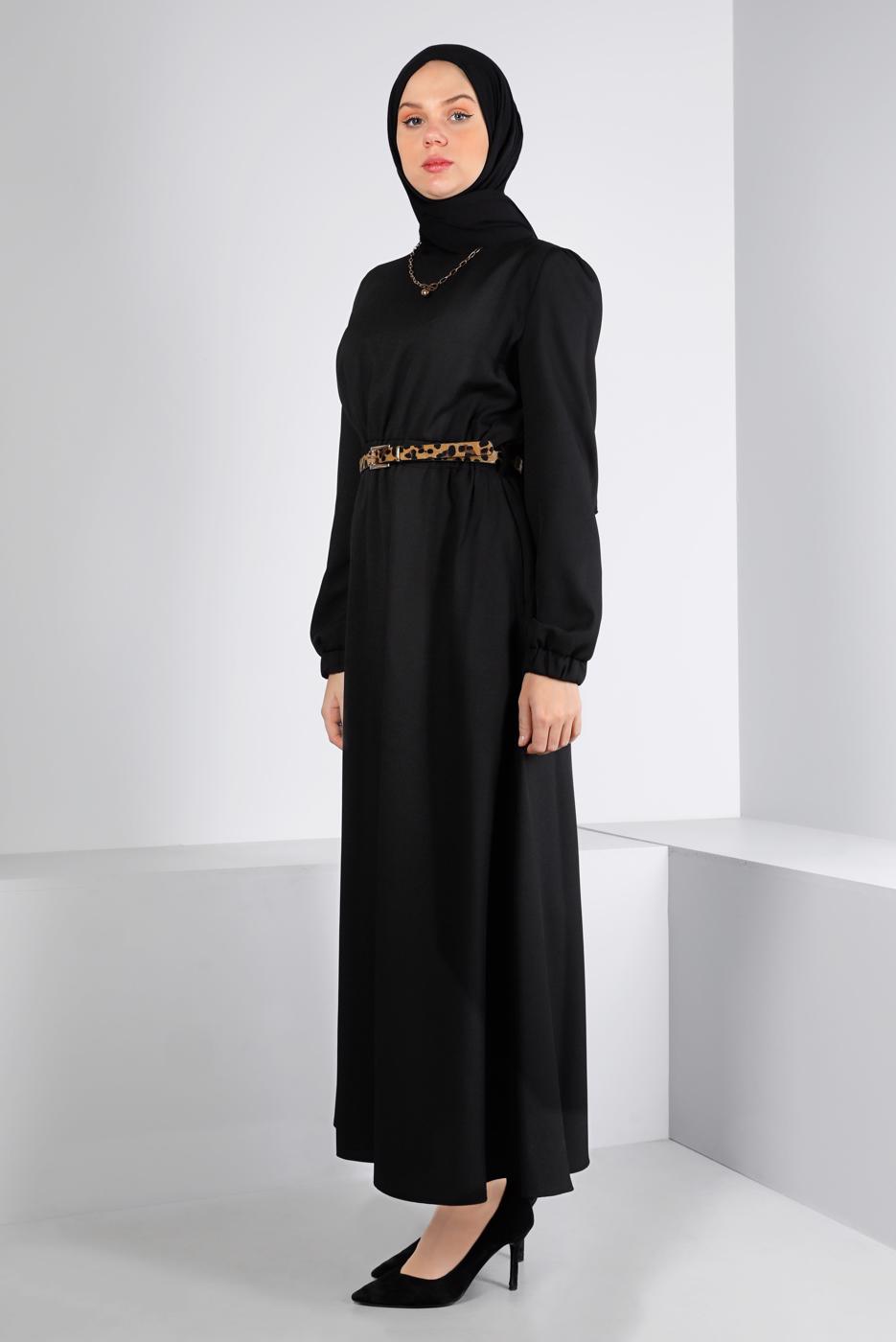 Tesettür giyim SİYAH ALVİNA KEMERLİ ELBİSE T 43400