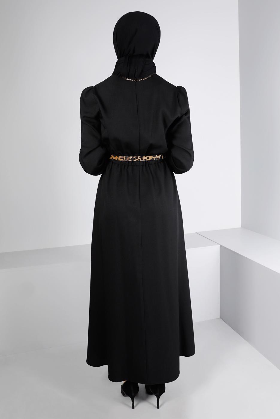 Tesettür giyim SİYAH ALVİNA KEMERLİ ELBİSE T 43400