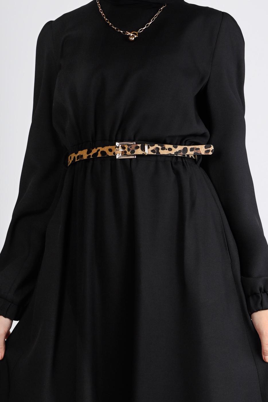 Tesettür giyim SİYAH ALVİNA KEMERLİ ELBİSE T 43400