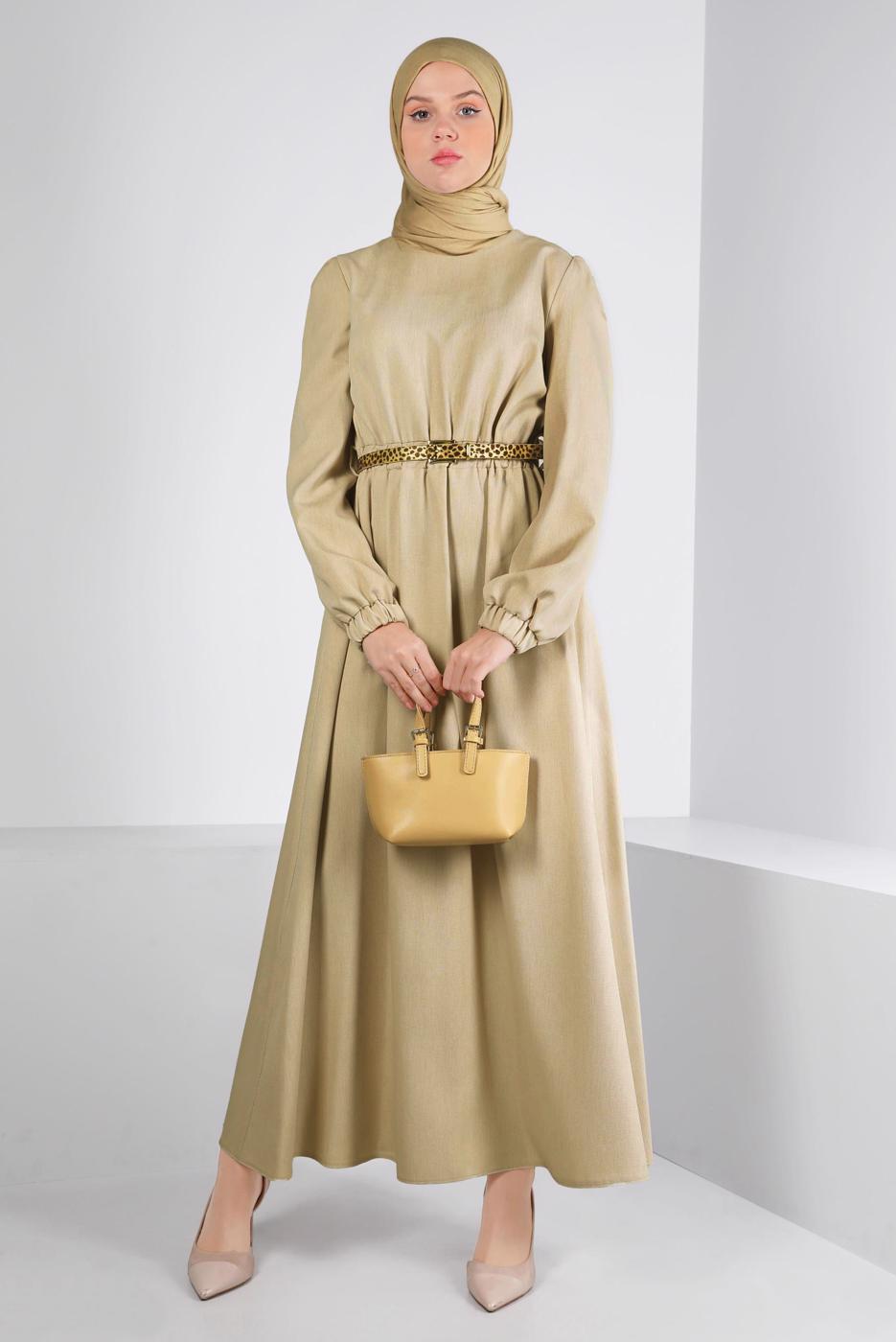 Tesettür giyim BEJ ALVİNA KEMERLİ ELBİSE T 43400