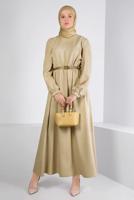 Tesettür giyim BEJ ALVİNA KEMERLİ ELBİSE T 43400