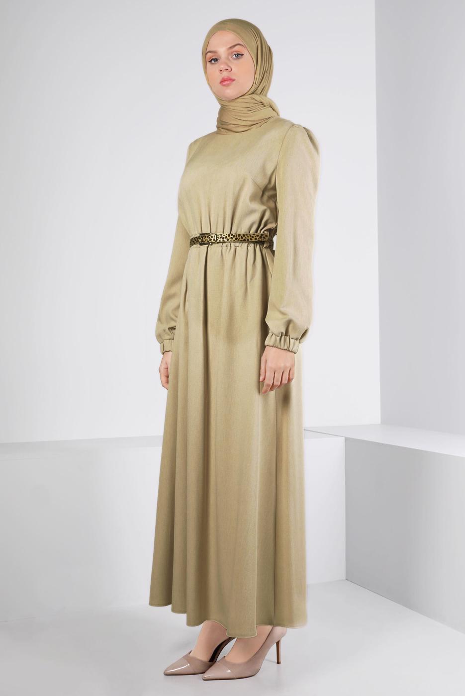Tesettür giyim BEJ ALVİNA KEMERLİ ELBİSE T 43400
