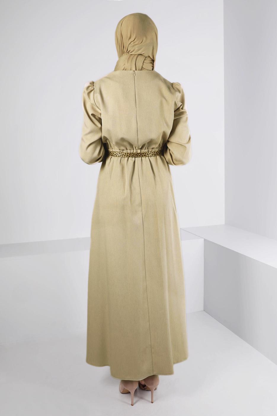 Tesettür giyim BEJ ALVİNA KEMERLİ ELBİSE T 43400