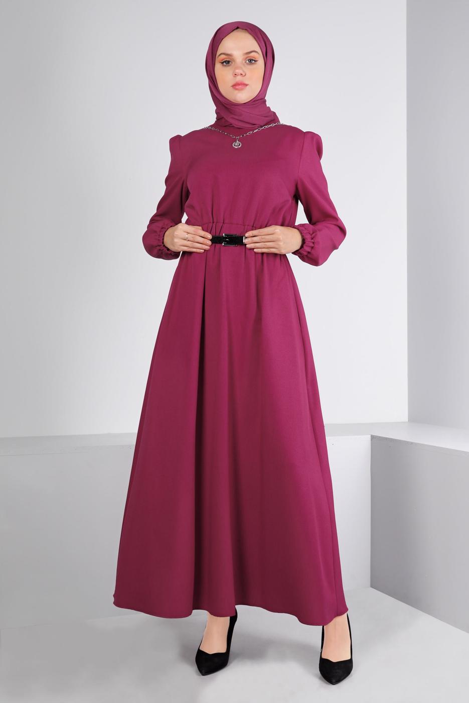 Tesettür giyim FUŞYA ALVİNA KEMERLİ ELBİSE T 43400