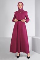 Tesettür giyim FUŞYA ALVİNA KEMERLİ ELBİSE T 43400