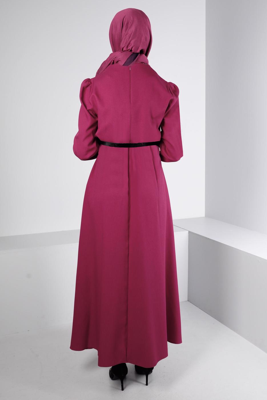 Tesettür giyim FUŞYA ALVİNA KEMERLİ ELBİSE T 43400