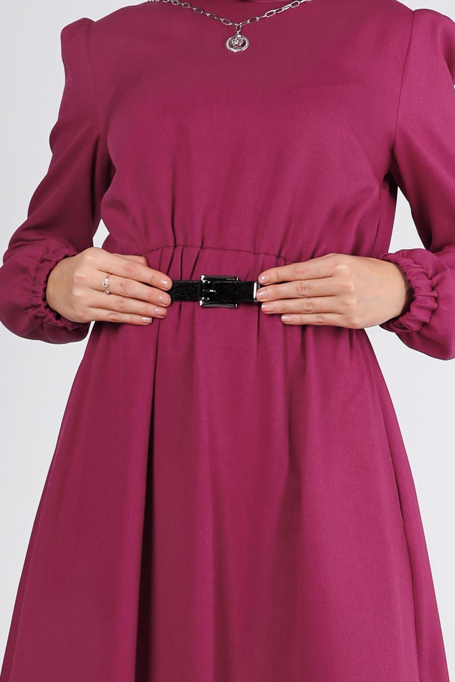 Tesettür giyim FUŞYA ALVİNA KEMERLİ ELBİSE T 43400